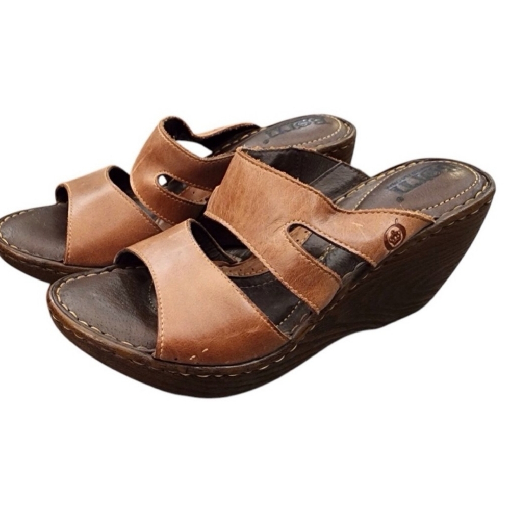 BORN Brown Wedge Leather Sandals Ladies 7/38 Strappy Slip On Shoes Summer Casual